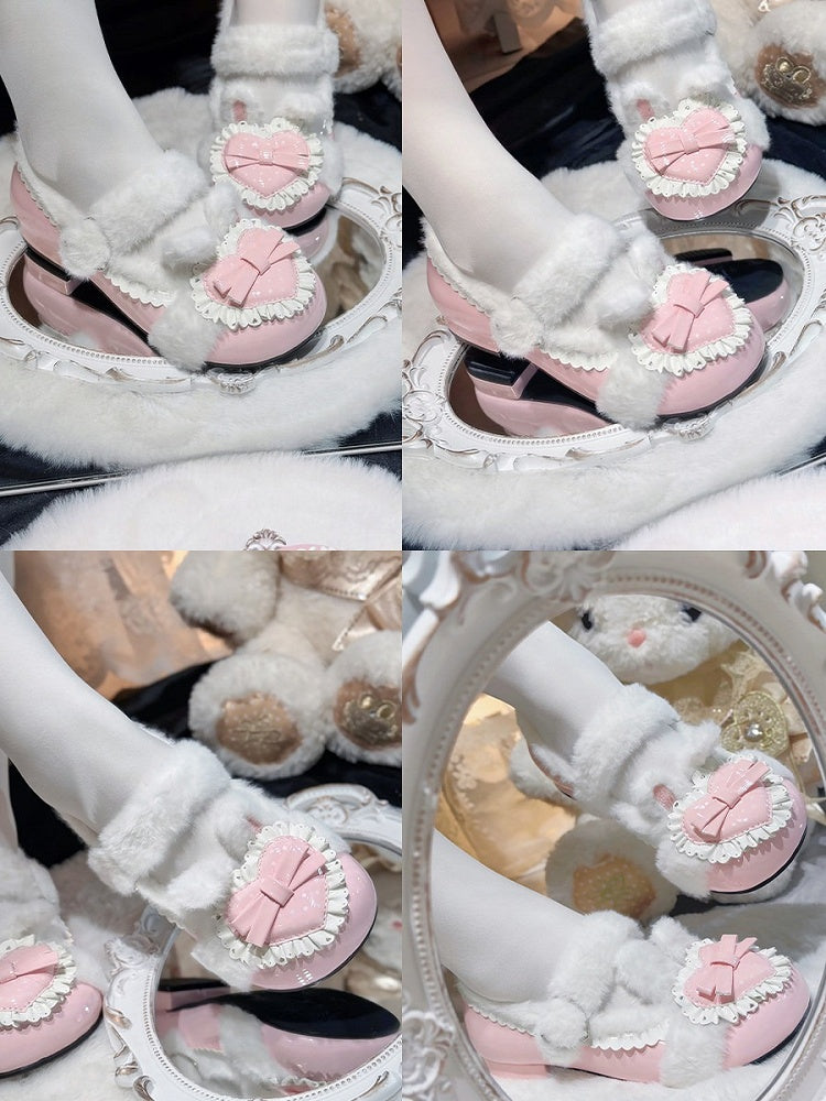 Polka Dot Plush Heart Pink Winter Lolita Round-Toe Shoes - Cute Bunny