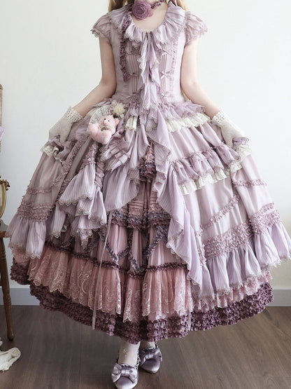Placket Lolita Cascading Ruffle Front Light Straps Pink Self-tie Purple House Dress Style