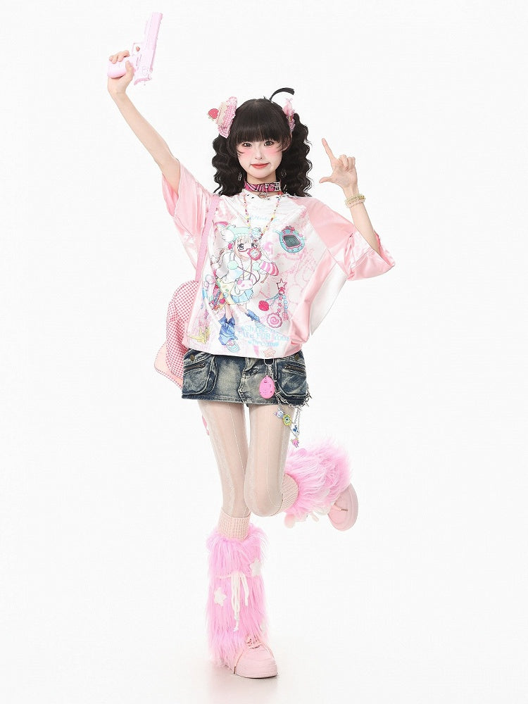 Kawaii Pink Satin V-Neck Tee with Anime Print - Languid Park
