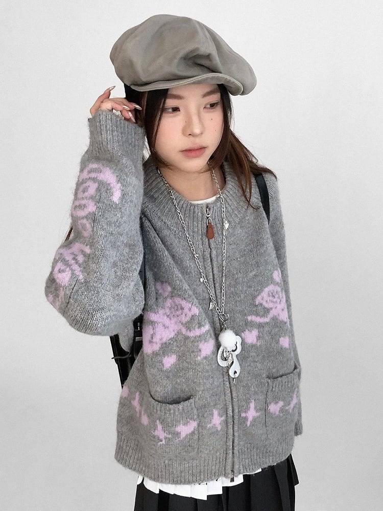 Two-way Pink Placket Zip Knit - Jacket Neck Round Grey