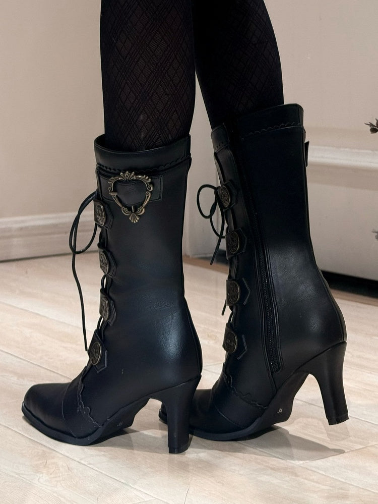 Schnürstiefel mit spitzer Spitze und Schnalle aus Leder, halbhohe Stiefel, elegante Verzierungen – mit Absätzen, Lolita PU und Schwarz