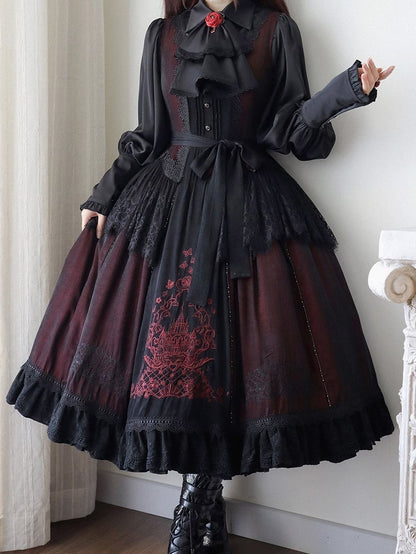 Gothic Lolita Dress+Blouse+Brooch Square Set Black Neckline Red Embroidered