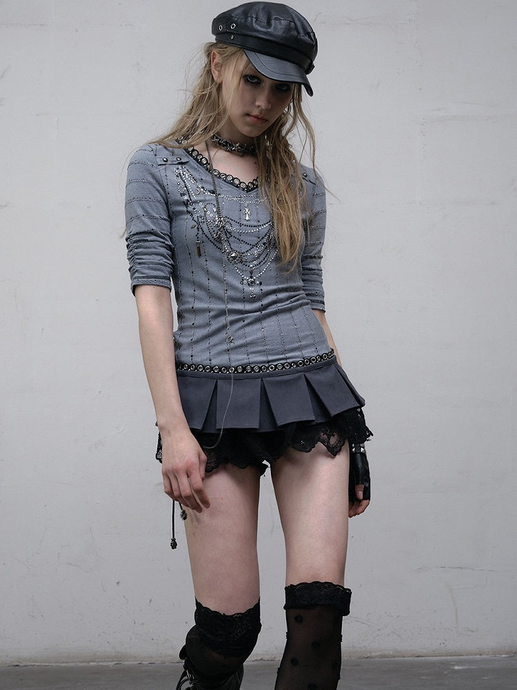 Muster Langer V-Ausschnitt Strass Gestreift Rosa/Blau Ärmel Punk Design Top Halskette Wasteland