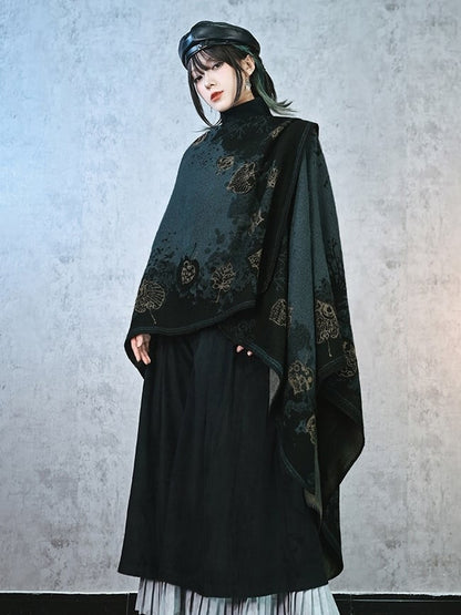 with Goth Design Open Leaf Green - Dark Cheongsam Style Print Placket Shawl