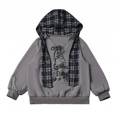 Gray Graffiti V-Neck Sweatshirt with Detachable Plaid Hooded Shawl & Lace-Up Detail - PINK SAVIOR