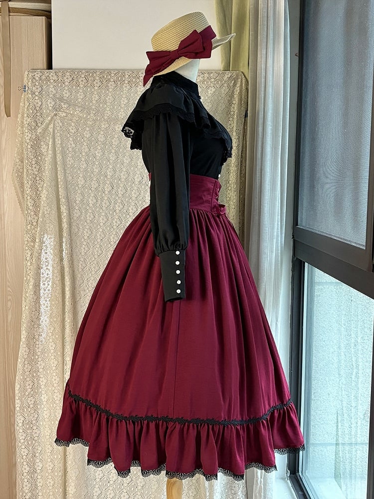 Black Edward Neck Lolita Blouse with Bead-Accented Cuffs