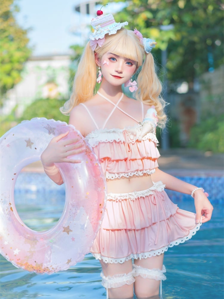 ピンクのティアードフリルディテールレーストリム水着 蝶結び