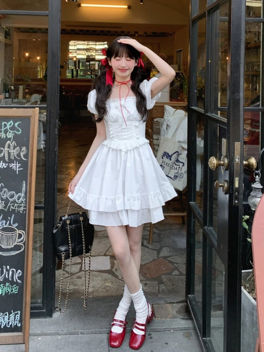 White Ruffled Square Neckline Puff Sleeves Tiered Ruffles Sweet Dress