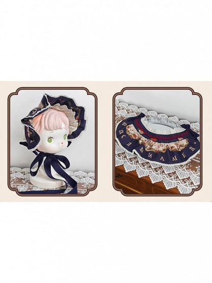 Dark Blue Floral Print Lolita Bonnet Style - Stars Fall on the Foggy Island