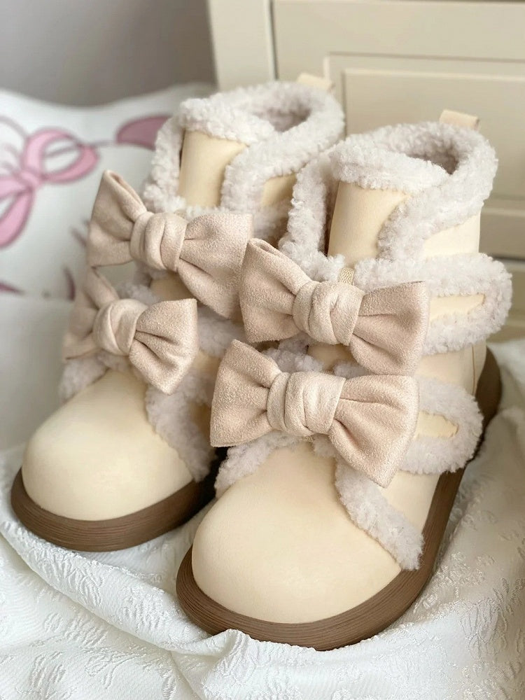 and Lining Ankle Sweet Fleece Removable White - Winter Lolita Bow Pink Details Boots