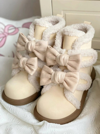 and Lining Ankle Sweet Fleece Removable White - Winter Lolita Bow Pink Details Boots