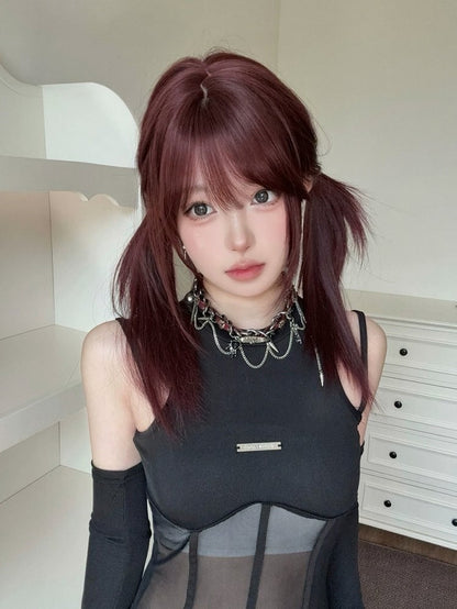 Wine Red 63cm Long Straight Full Bang Wig - Alice Garden