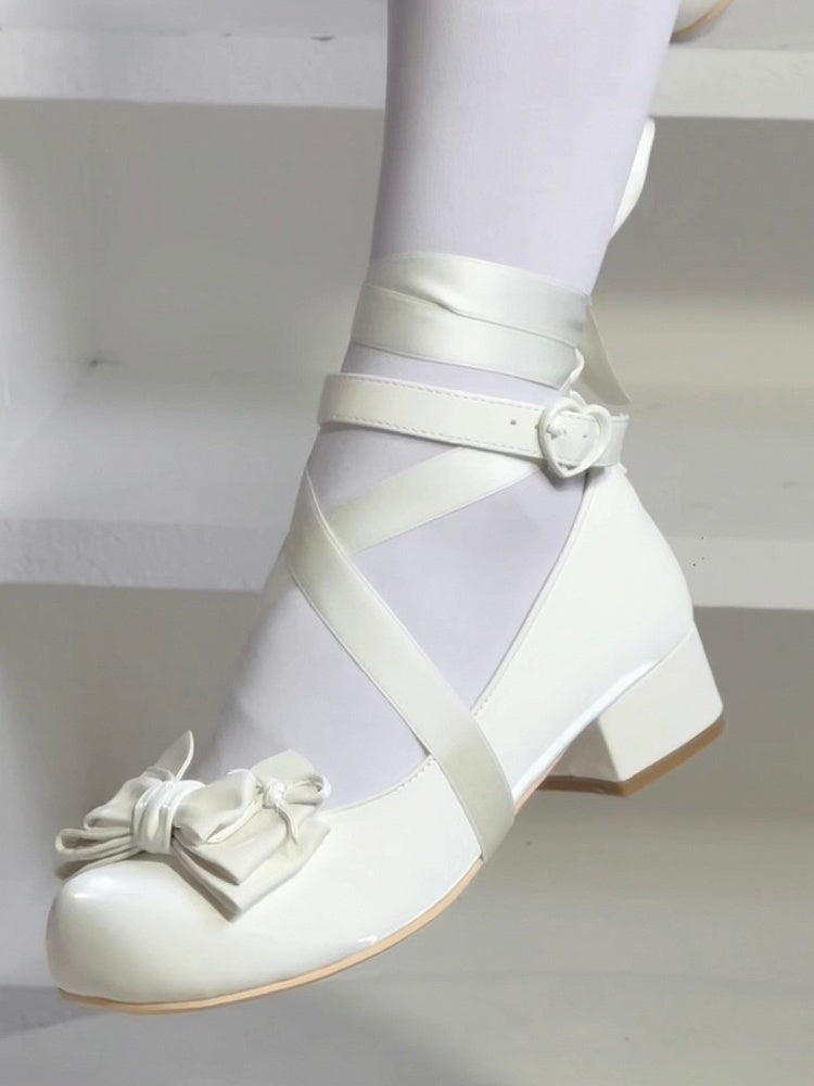 Delicate with Detachable Low-heel Buckle Strap Accents Mary Janes White Bow Ankle - Lolita Sweet Scalloping