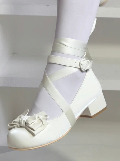 Delicate with Detachable Low-heel Buckle Strap Accents Mary Janes White Bow Ankle - Lolita Sweet Scalloping