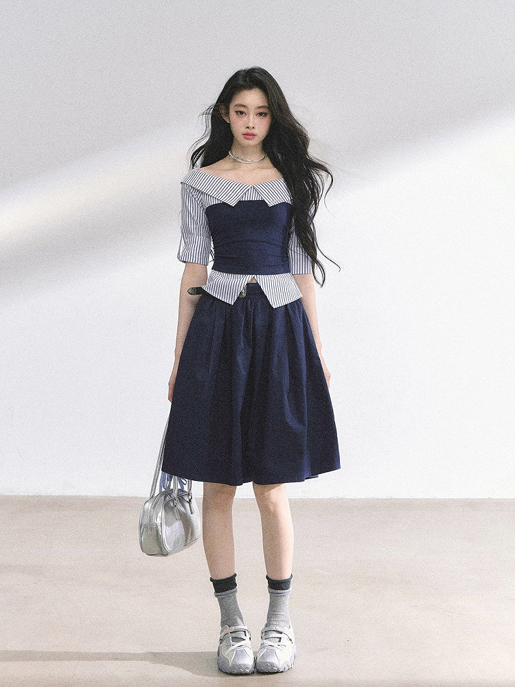 Blue Shirt Striped Foldover Collar Gray/Navy Neckline Off-the-shoulder