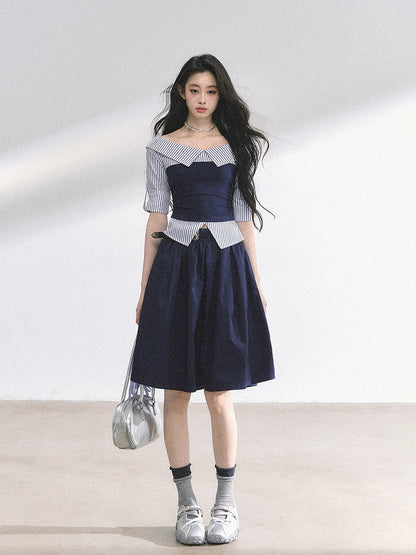 Blue Shirt Striped Foldover Collar Gray/Navy Neckline Off-the-shoulder