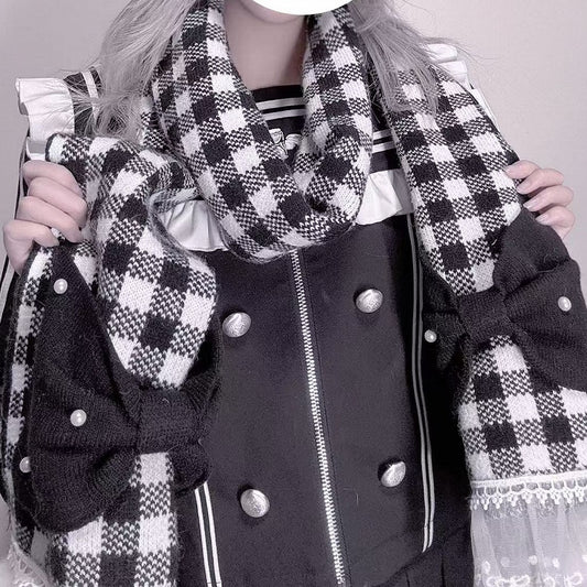 with Plaid Scarf Bows Kei White Jirai Black Beaded