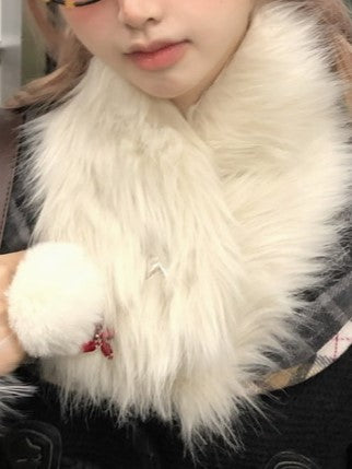 Rhinestone Accent Reversible with Faux White Double Fur Metal Red Cross Scarf