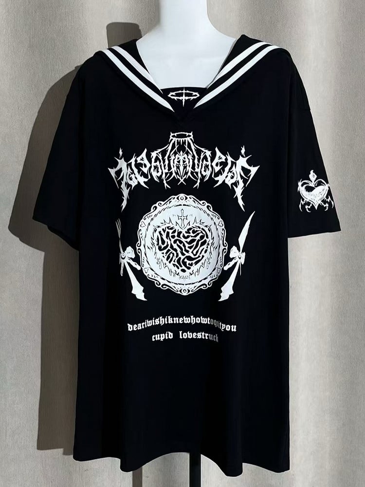 with Gothic Black Jirai Collar Sailor Kei Print T-Shirt