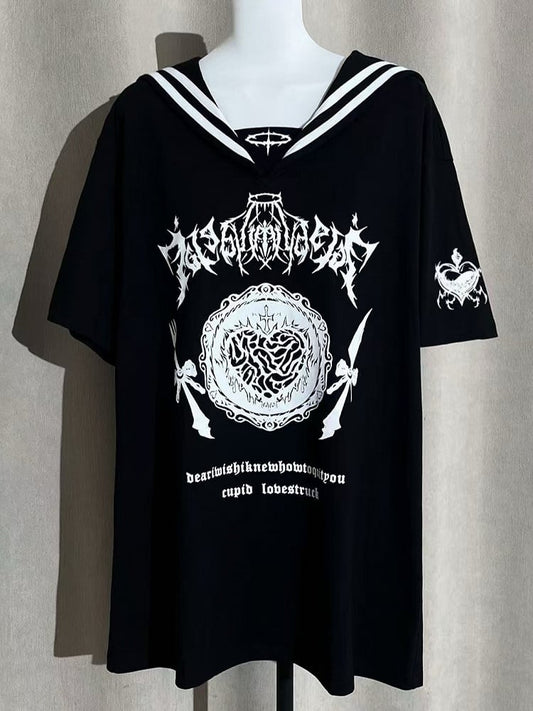 with Gothic Black Jirai Collar Sailor Kei Print T-Shirt