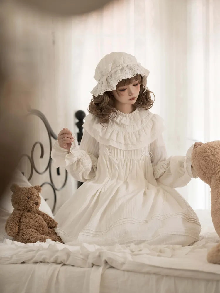 Neck All Ruffled Sleeves Long White Shiro Lolita Layered Ruffle Hemline Dress