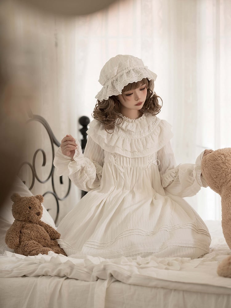 シロ袖フリルオールロリータネックレイヤードホワイトロングドレス裾フリル