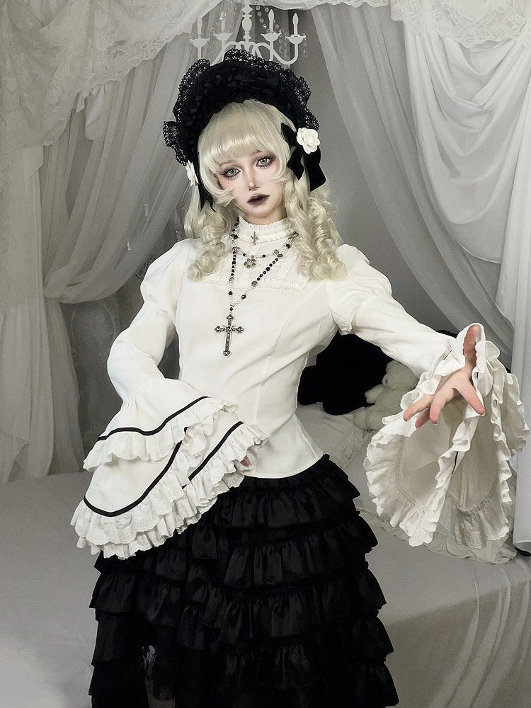 Sleeves Layered White Blouse Ruffled Neck Bell