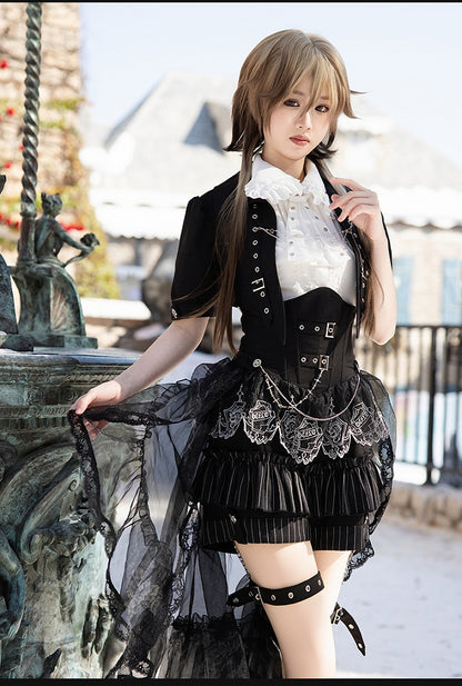 Black and White Prince Ouji Lolita Outfit - White Sleeveless Shirt + Black Cropped Top + Hiigh Waist Blommer Shorts Full Set