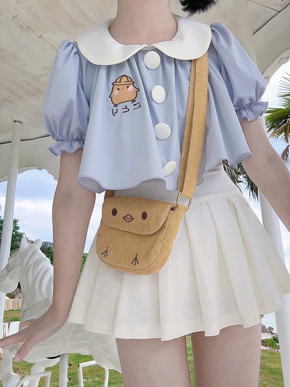 Blue Little Chicken Embroidery Peter Pan Collar Top + White Pleated Skirt Swimsuit Set