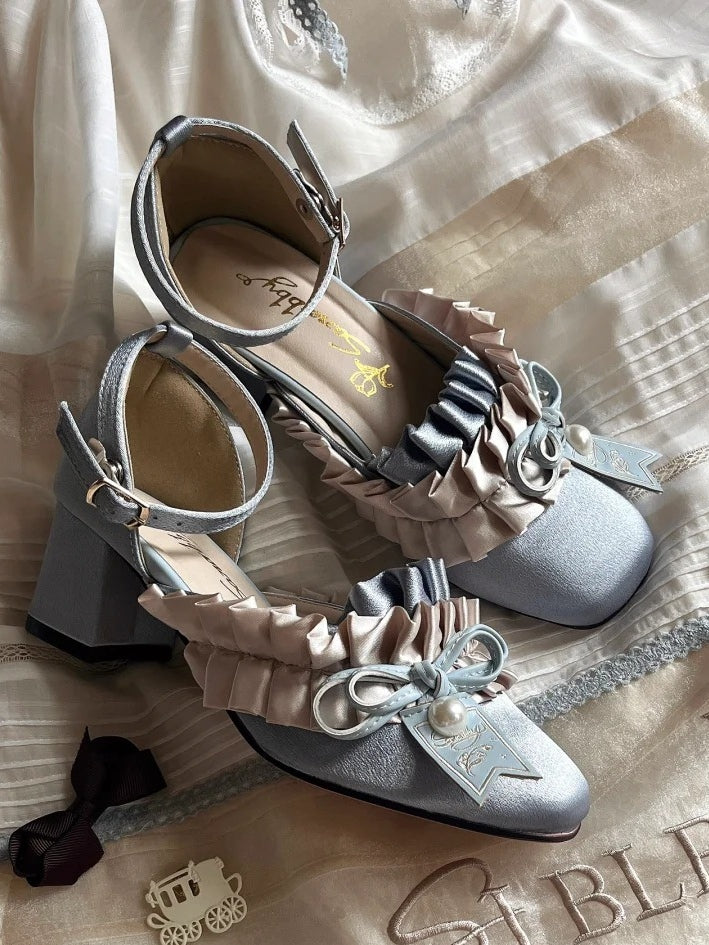 Chaussures habillées élégantes Lolita à talons carrés bleus de 4,5 cm avec garniture à volants et bout orné