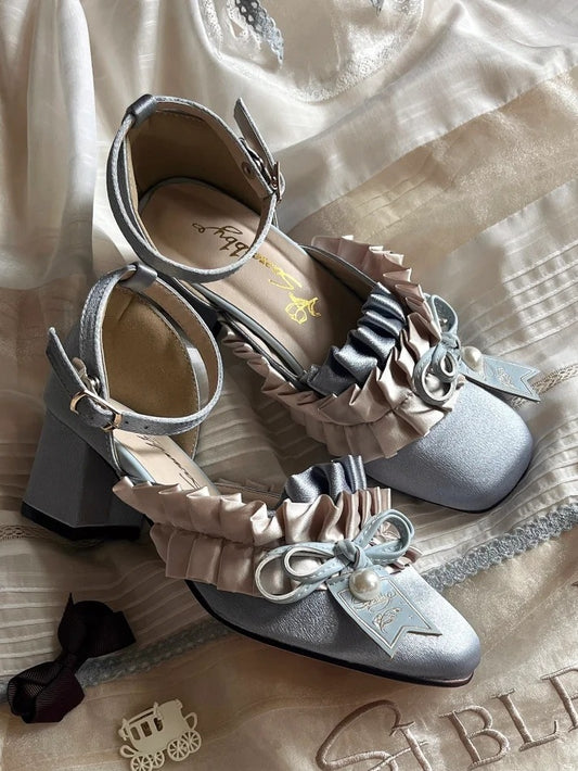 4.5cm Blue Heeled Square Lolita Elegant with Toe Shoes Trim Ruffle