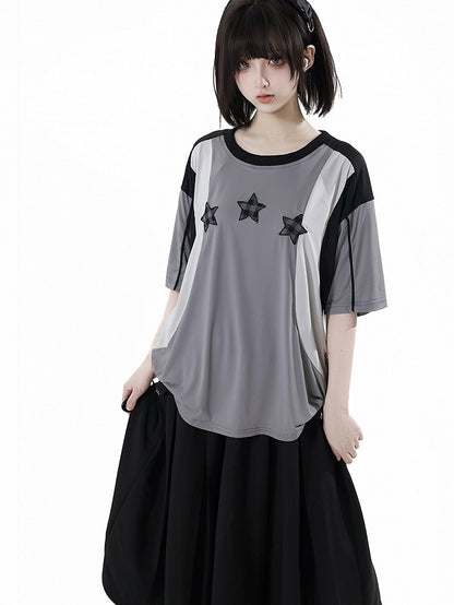 Neck Design Round Sports T-shirt Colorblock Star Appliques Plaid Black/Gray