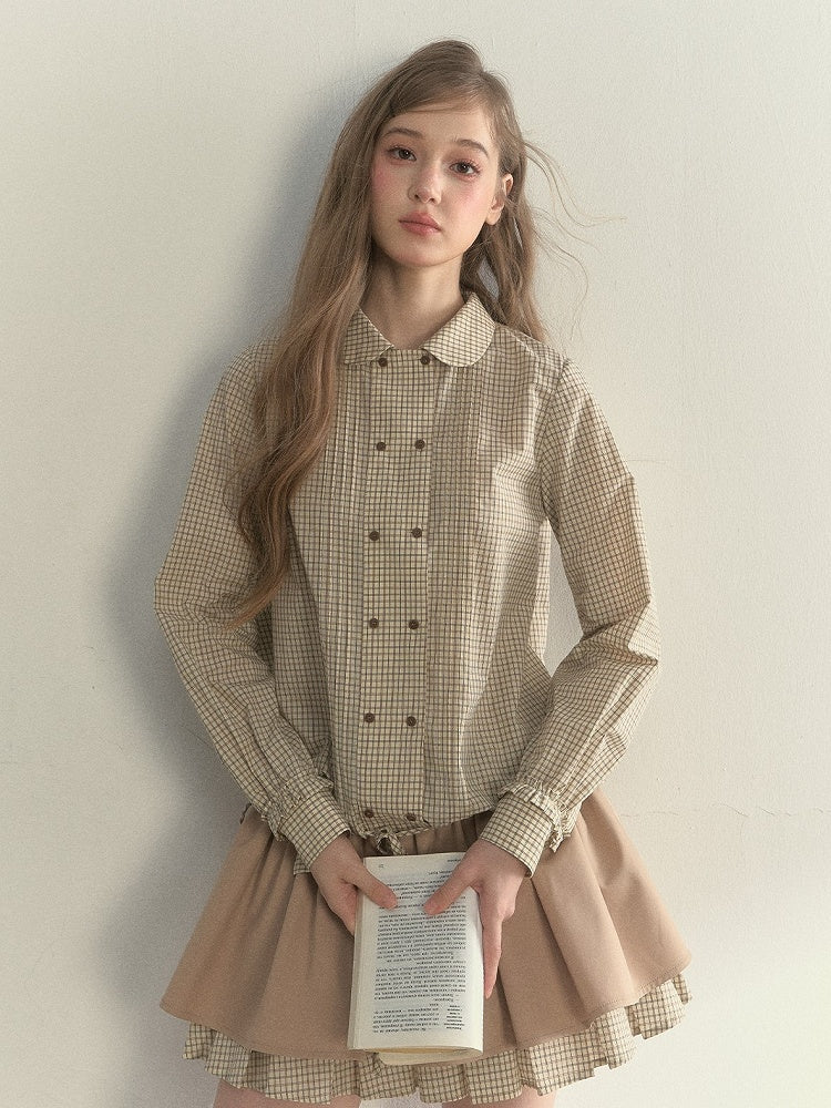 Khaki Drawstring Plaid Vintage Double-breasted Shirt