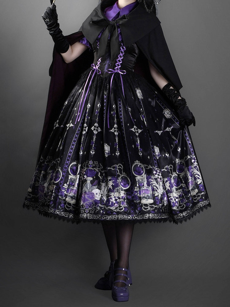 Purple Rosette and Skull Print Gothic Lolita Corset Under Bust JSK Dress - Sweetheart Love Song