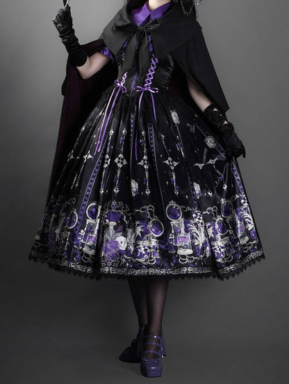 Purple Rosette and Skull Print Gothic Lolita Corset Under Bust JSK Dress - Sweetheart Love Song