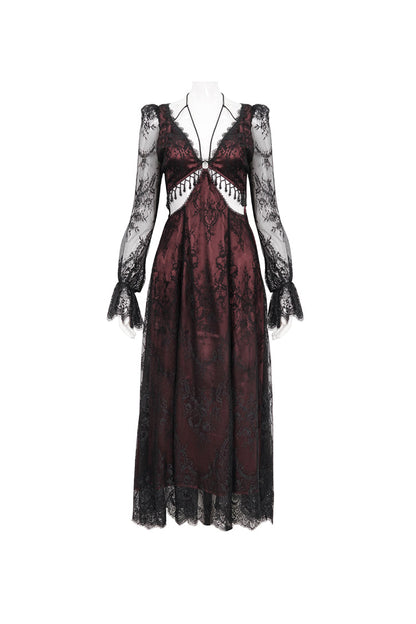 Red Lace Applique Adjustable Waist Cutout Women's Gothic Dress