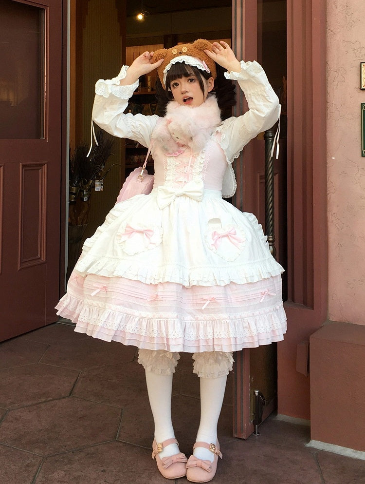 Pink Lace-Up Lolita Jumper Skirt with Ruffled Hem