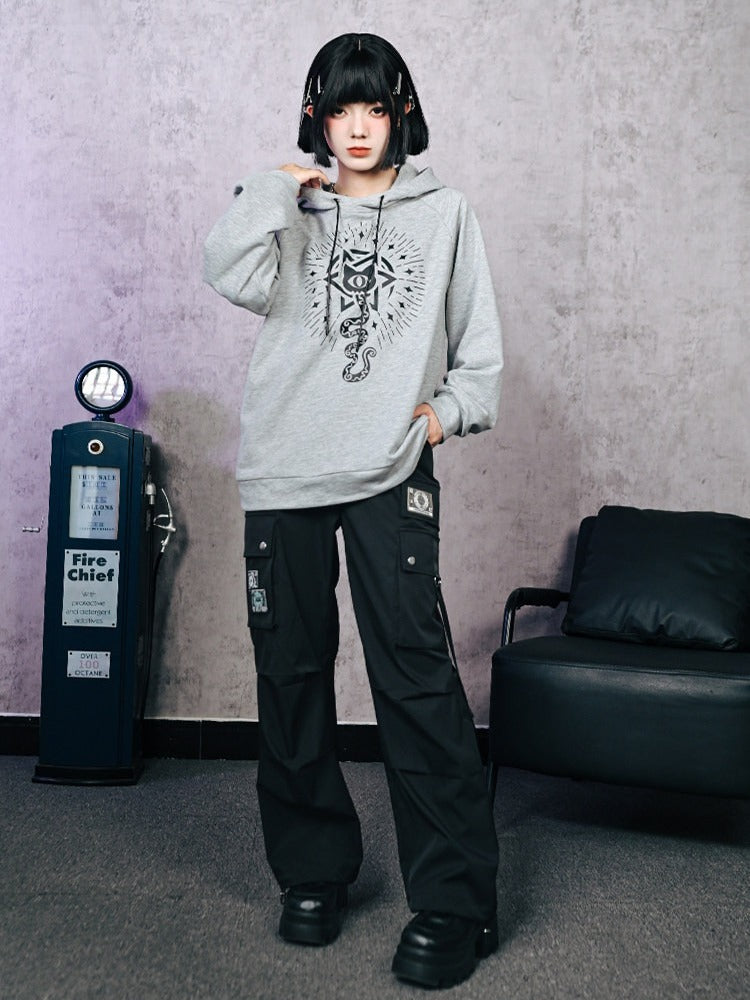 Gray Gothic Hooded Sweatshirt Featuring Snake Print - Quirky Hut