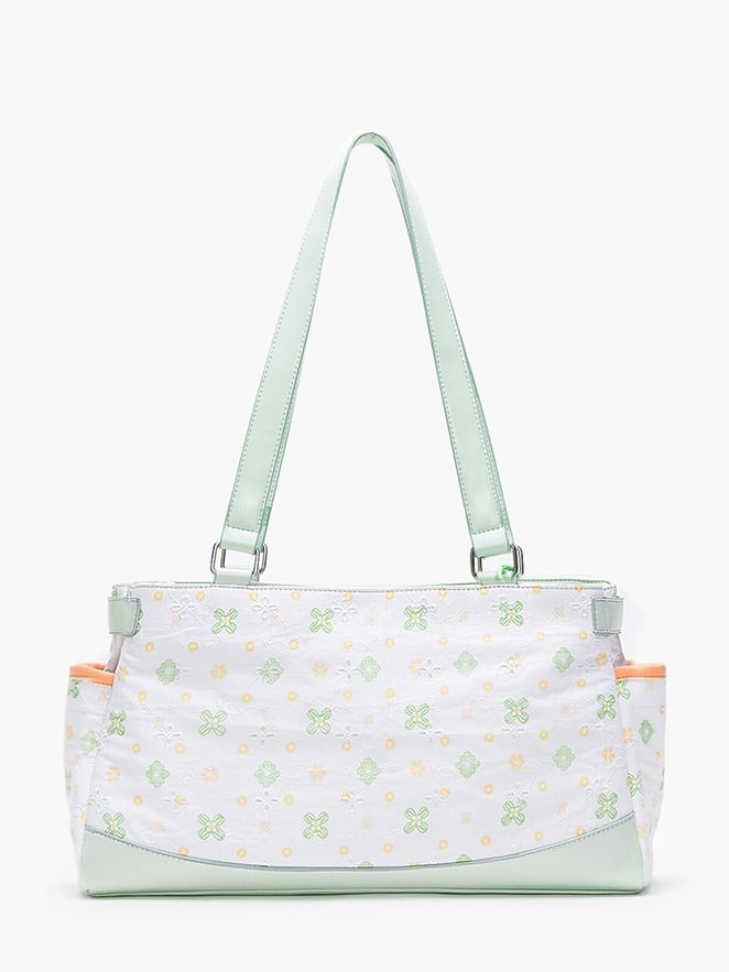 White Green Clover-Themed Large Capacity Tote Ita Bag with Strap Accents And Detachable Ita Card Holder
