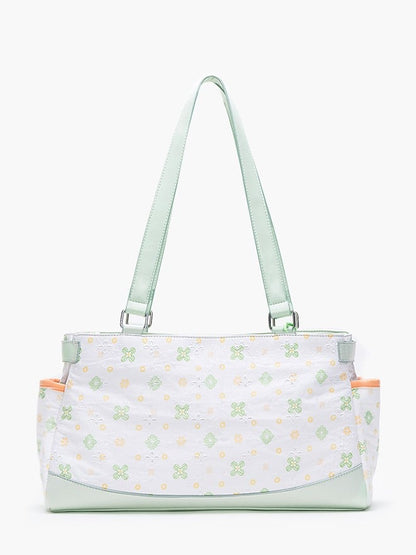 White Green Clover-Themed Large Capacity Tote Ita Bag with Strap Accents And Detachable Ita Card Holder