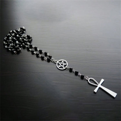 Gothic Black Cross Pendant Beaded Necklace