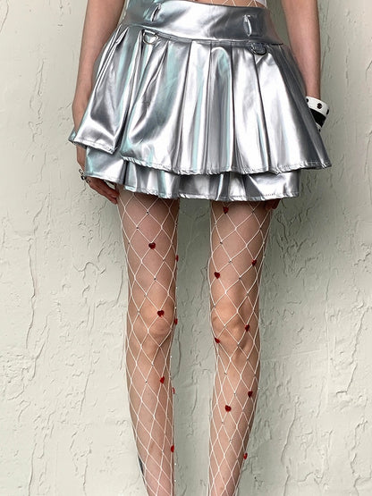 Heart Decorated Y2K Tights Rhinestone Details White/Black Fishnet