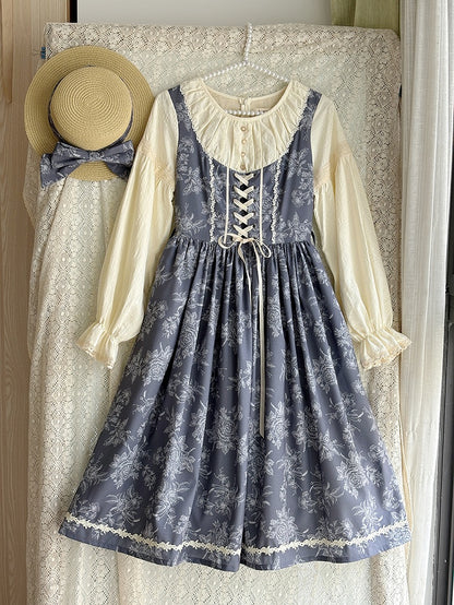 Gray & Beige Rosette Print Long-sleeved Elegant Classic Lolita Dress