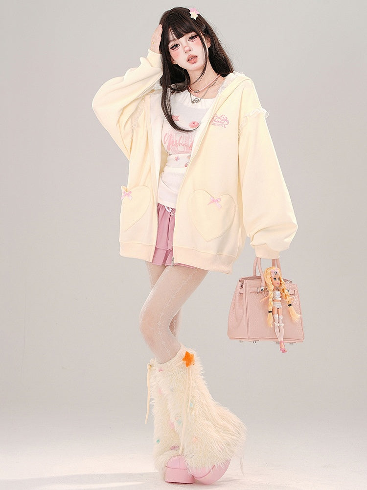 Blau/Apricot – Kapuzenjacke mit Spitzenbesatz und Hasenohren