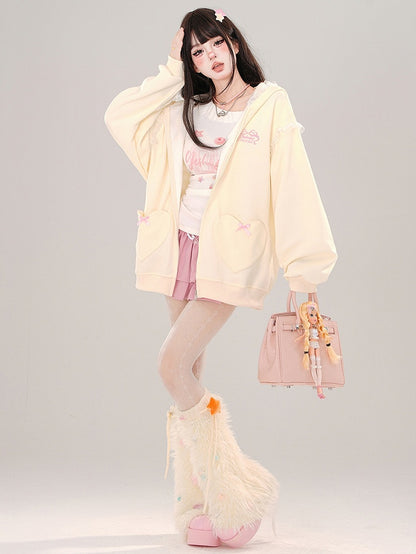 Blau/Apricot – Kapuzenjacke mit Spitzenbesatz und Hasenohren