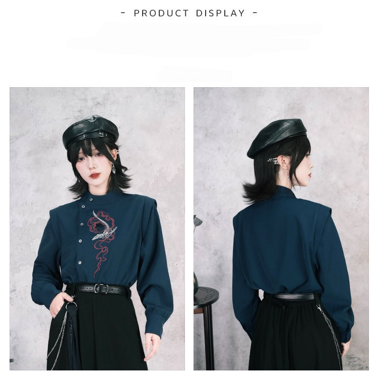 Navy Stand-Collar Asymmetric Shirt with Skeleton Whale Embroidery - Quirky Hut
