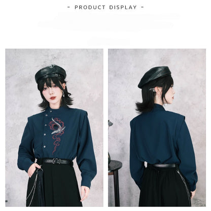 Navy Stand-Collar Asymmetric Shirt with Skeleton Whale Embroidery - Quirky Hut