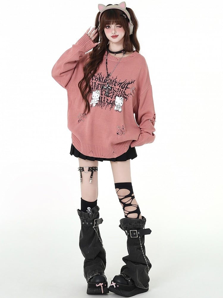 キティプリントのダメージ加工穴あきスイカ柄ルーズセーター