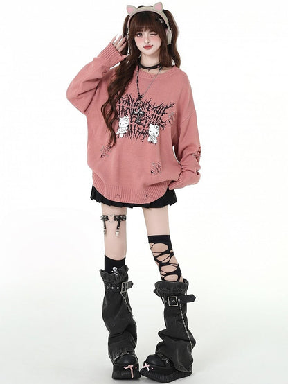 キティプリントのダメージ加工穴あきスイカ柄ルーズセーター