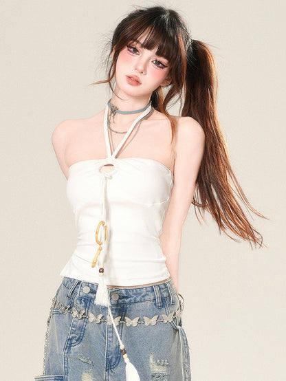 ストラップネックタッセルトップホワイトホルターグラマラス